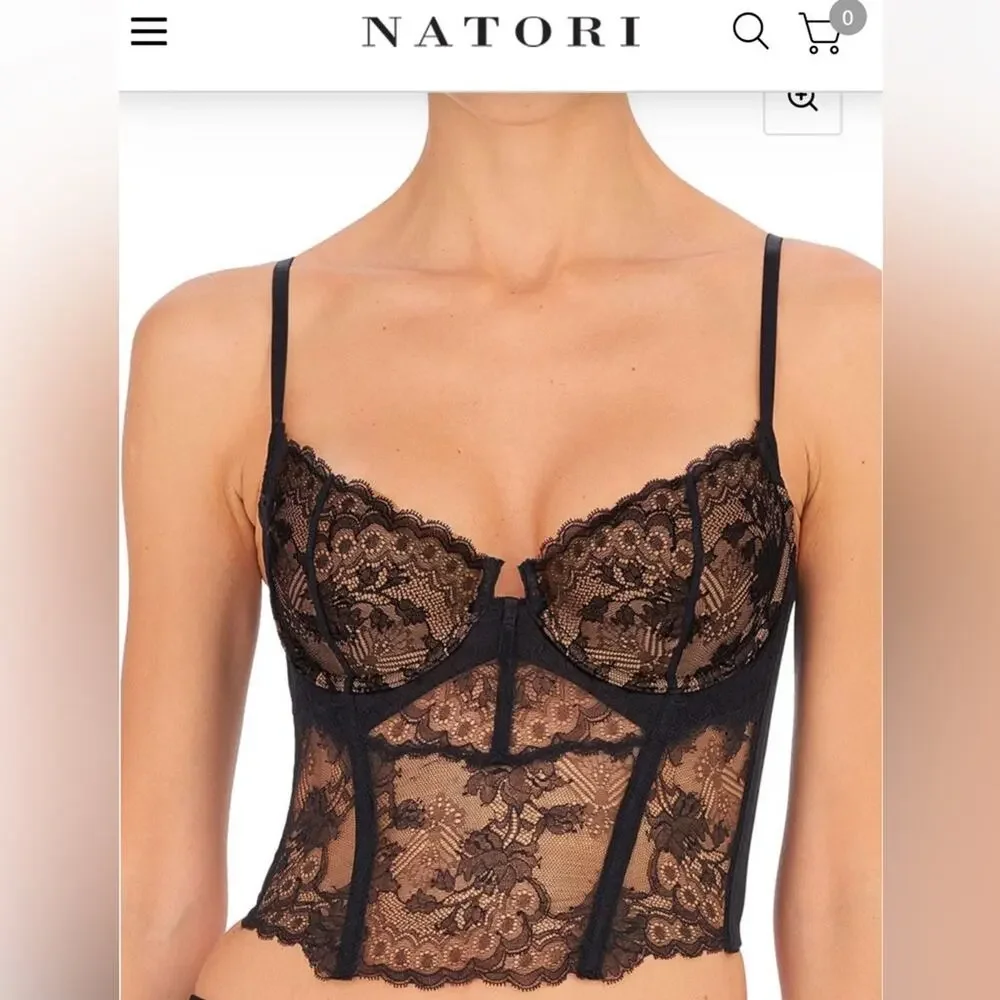 NWT Natori 36B Chantilly Lace Black Buff Longline Bustier Mesh Lingerie